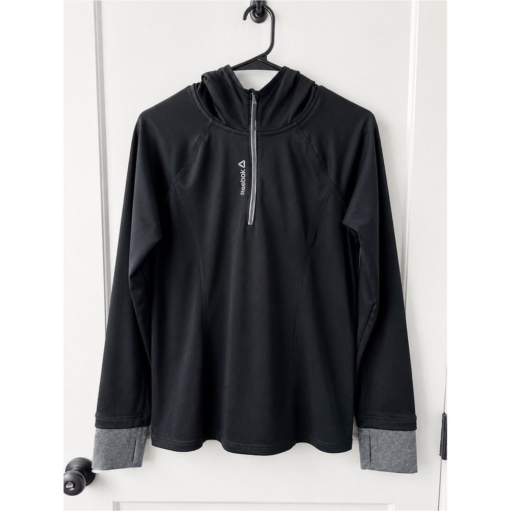 Reebok Black Hooded Half-Zip Pullover with Gray Cuffs GUC Size M
